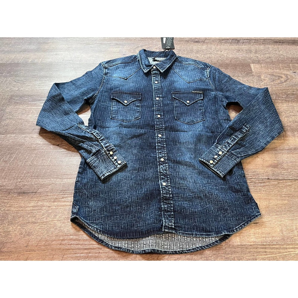 Black Island Mens Denim Button Up Size Small Long Sleeve Stretchy O3